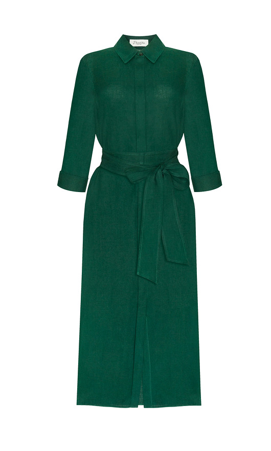 sukienki maxi damskie Sukienka szmizjerka lniana ALICE butelkowa zieleń