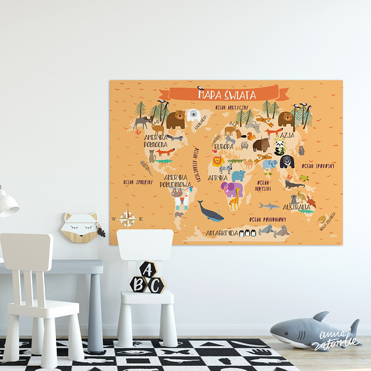 Pomarańczowa Mapa świata ze zwierzętami AdaAndIwo