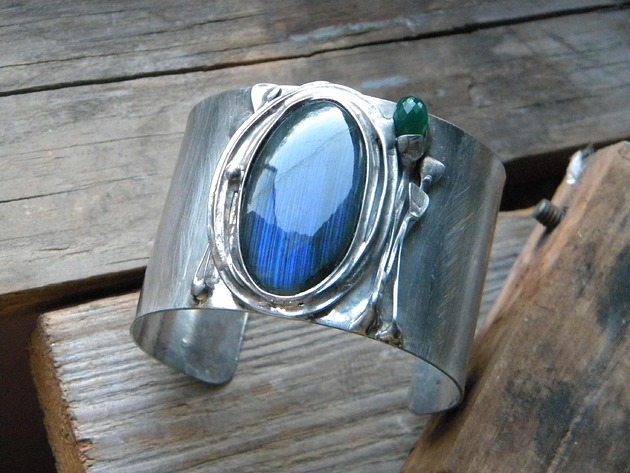bransoletki wire wrapping Labradoryt / onyks    - BRANSOLETA MANKIET - CUFF