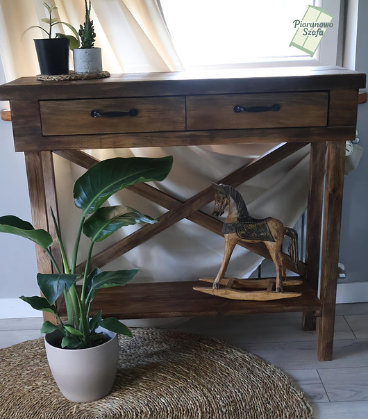 komody Vintage Regał, Komoda, retro 2 szuflady brąz Antyczny z X na tylnej ściance