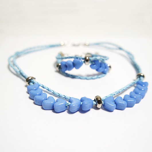 komplet biżuterii Komplet - Niebieskie serduszka - rzemienie