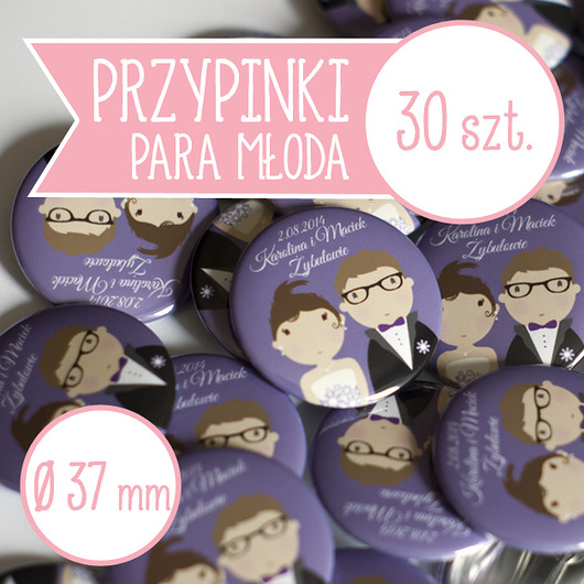 30 szt. przypinki ślubne Młoda Para 37 mm inkipinki