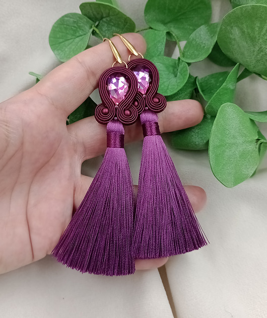 kolczyki soutache Kolczyki chwosty jagodowe bakłażanowe wrzosowe śliwkowe