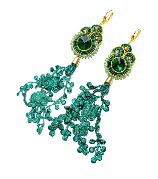 kolczyki soutache Sutaszowe kolczyki  GREEN&GOLD z haftowanymi kwiatami