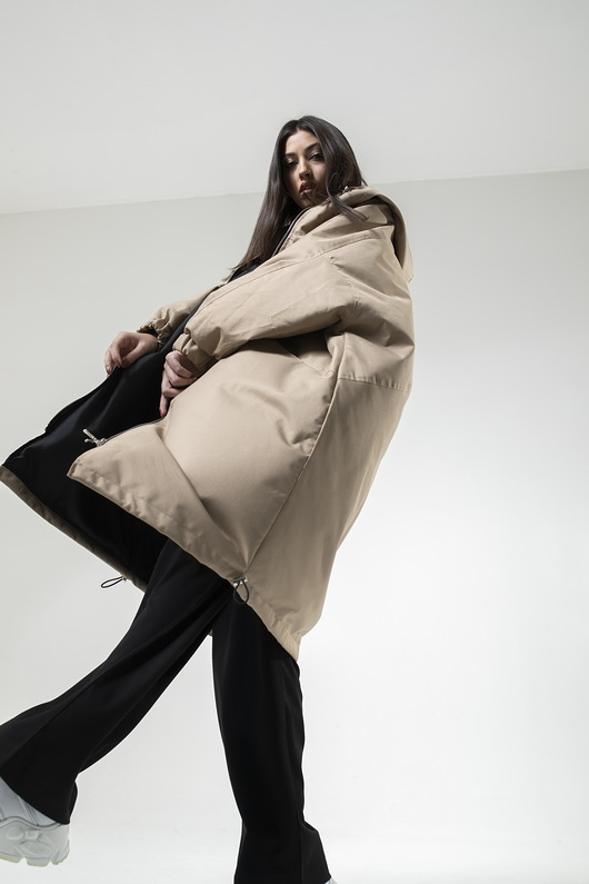 płaszcze damskie Ocieplany Płaszcz longline hoodie oversize mocca