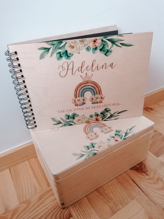 notatniki i albumy Zestaw dla dziewczynki pudełko i album BOHO TĘCZA prezent na chrzest, roczek