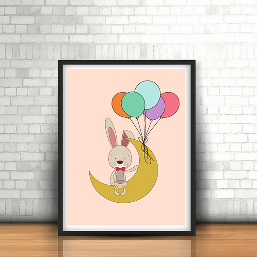 plakat królik i balony łososiowe tło MUKI design