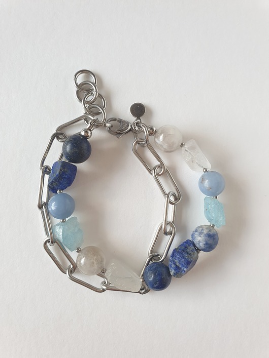 bransoletki z kamieni naturalnych Bransoletka RAW z grubym łańcuchem, kryształ, angelit, lapis lazuli