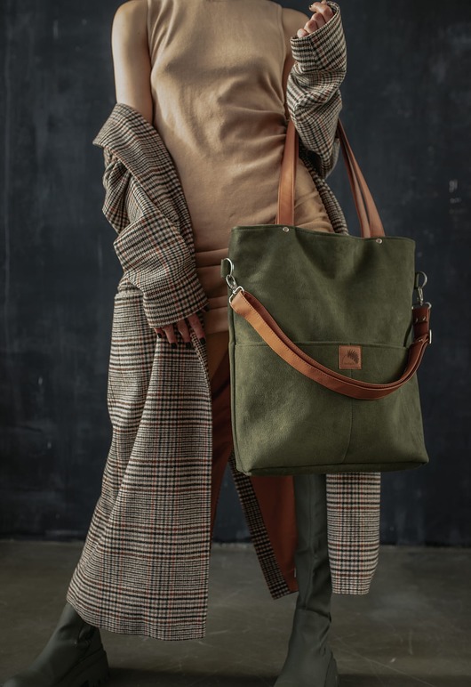 torby na ramię Wodoodporna torba khaki z brązowymi paskami