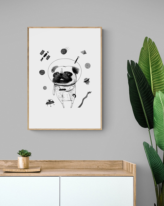 grafiki i ilustracje Duża grafika z Mopsem w kosmosie 50x70 cm