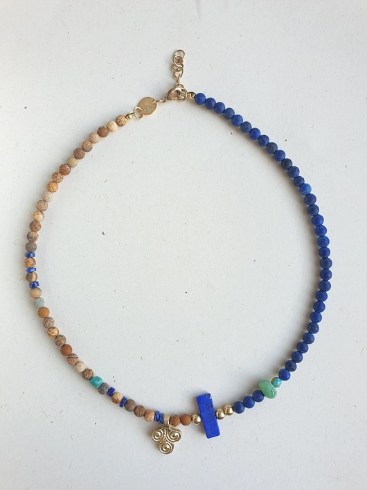 chokery Naszyjnik choker ANTYK TEBY lapis lazuli, jaspis obrazkowy, turkus mosiądz