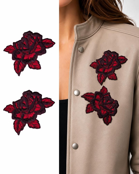 naszywki na ubrania Zestaw 2 naszywek termoprzylepnych róże haftowane czerwone kwiaty