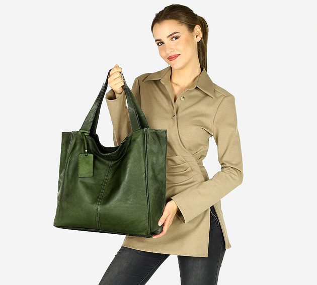 torby na ramię Duża torebka miejski shopper bag skóra naturalna zielony