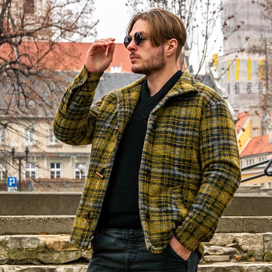 płaszcze i kurtki męskie Ciepła Męska Wełniana Kurtka W Kratę  Wygodnaw Kurtka Zapinana Na Guziki