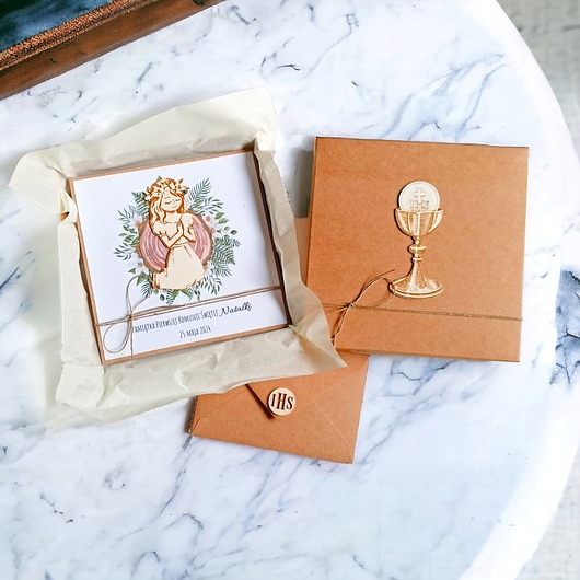 kartki na komunię PREMIUM : kartka w pudełku + torebka handmade : drewno: drewno: dziewczynka 2