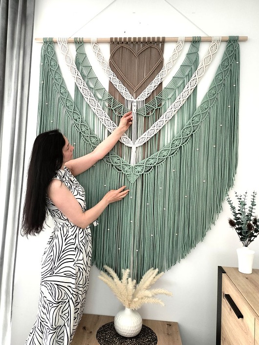 makramy Ogromna Makrama Ścienna SALVIA HEART Precyzyjne Rękodzieło 140x160 cm