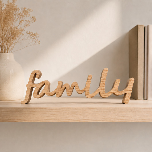 napisy dekoracyjne i tabliczki Drewniany napis family z drewna, stojący dąb