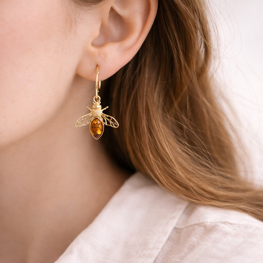 kolczyki pozłacane Srebrne kolczyki pszczoły z bursztynem bałtyckim pozłacane