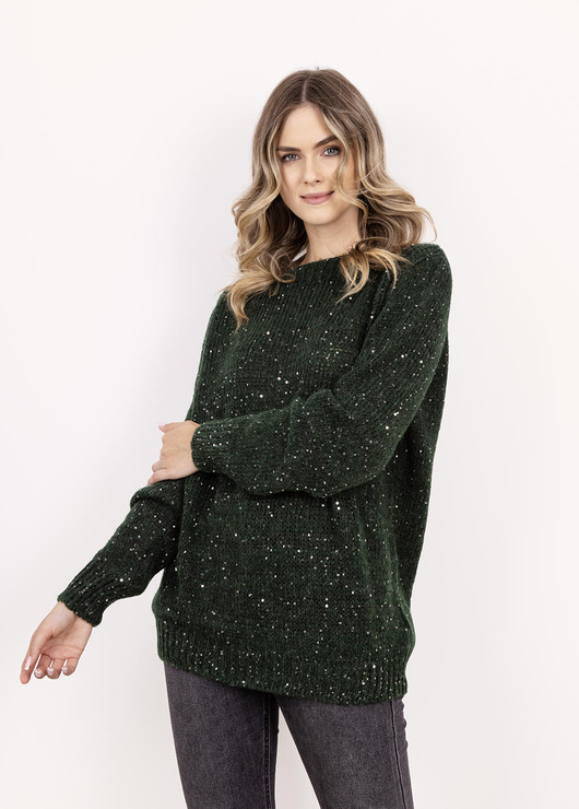 swetry damskie  Sweter z cekinami - SWE338 ciemny zielony MKM