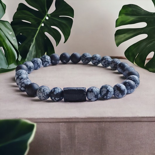 biżuteria męska Obsydian śnieżny & turmalin : ochronna bransoletka