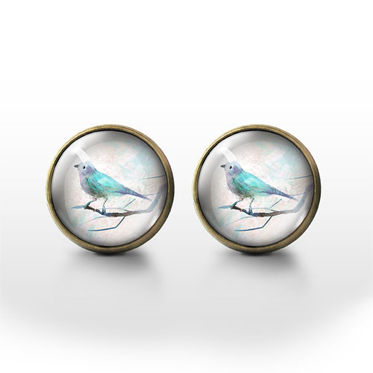 kolczyki szklane Kolczyki sztyfty - Ptaszek turkus - brąz