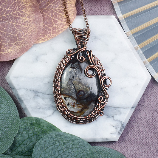 wisiory Miedziany wisiorek wire wrapping z jaspisem Coffee Bean #534