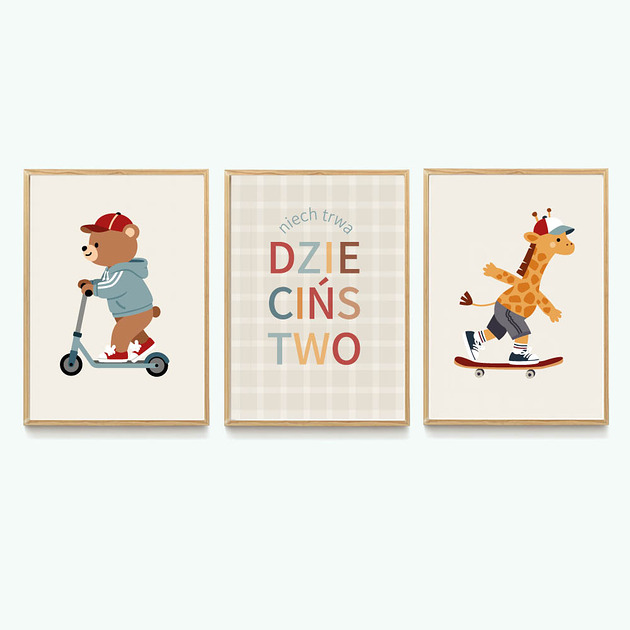 obrazy i plakaty do pokoju dziecięcego Niech trwa dzieciństw - zwierzęta na deskorolce hulajnodze ZESTAW