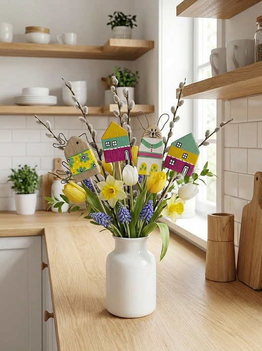 ozdoby wielkanocne Zestaw Wielkanocny Drewniane Ozdoby  na piku w Stylu Skandynawskim