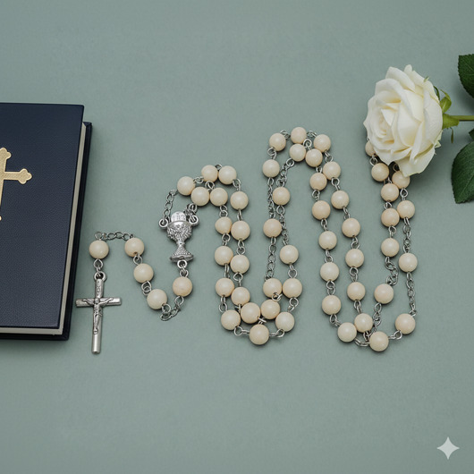 komunia - pozostałe Beżowy różaniec ręcznie robiony z naturalnego KAMIENIA  RZECZNEGO