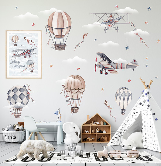 naklejki ścienne do pokoju dziecka Naklejka Retro balony, latawce, samoloty Nr1