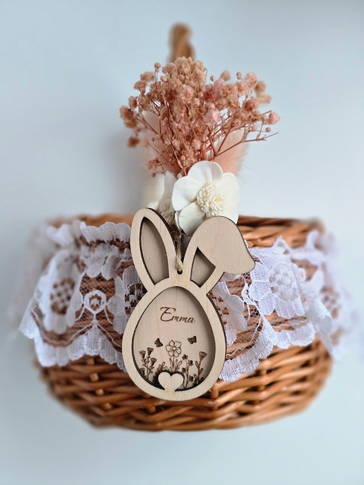 ozdoby wielkanocne Zawieszka wielkanocna do koszyczka z imieniem dziecka - jajko królik