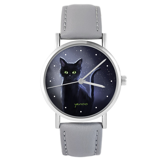 zegarki damskie Zegarek - Czarny kot, noc - szary, skórzany
