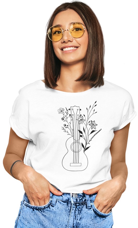 t-shirt damskie Koszulka kwiaty line art rośliny natura gitara