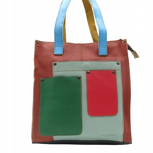 torby na ramię Torebka damska shopper, pojemna, skórzana ze skrawków kolorowa OLIVKA