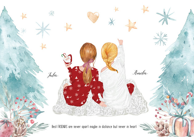 dekoracje świąteczne Dwie przyjaciółki - ilustracja personalizowana