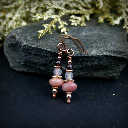 kolczyki z kamieniami Różowe kolczyki  opal kwarc granat