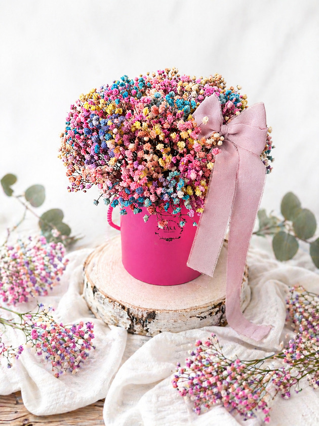 komunia - pozostałe Flowerbox z gipsówki stabilizowanej tęczowej