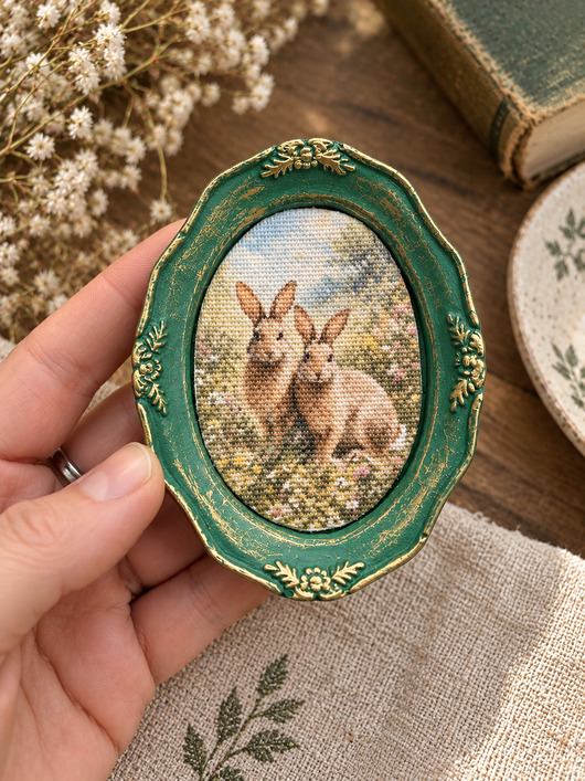 Ozdoby na ścianę Mini obrazek z królikami w ręcznie wykonanej ramce vintage