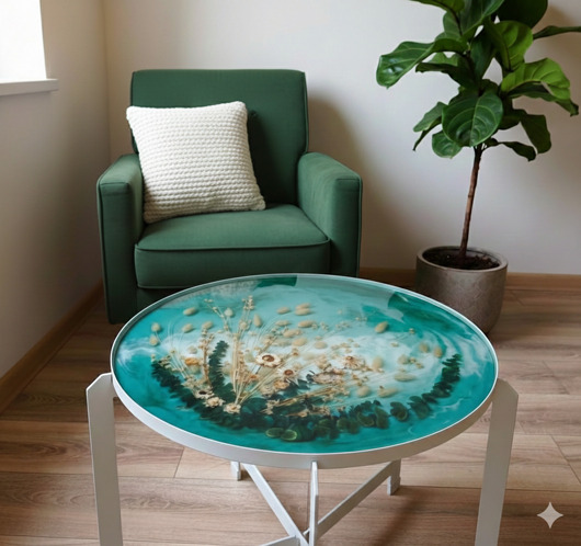 stoliki kawowe Stolik kawowy z kwiatami na morskim tle