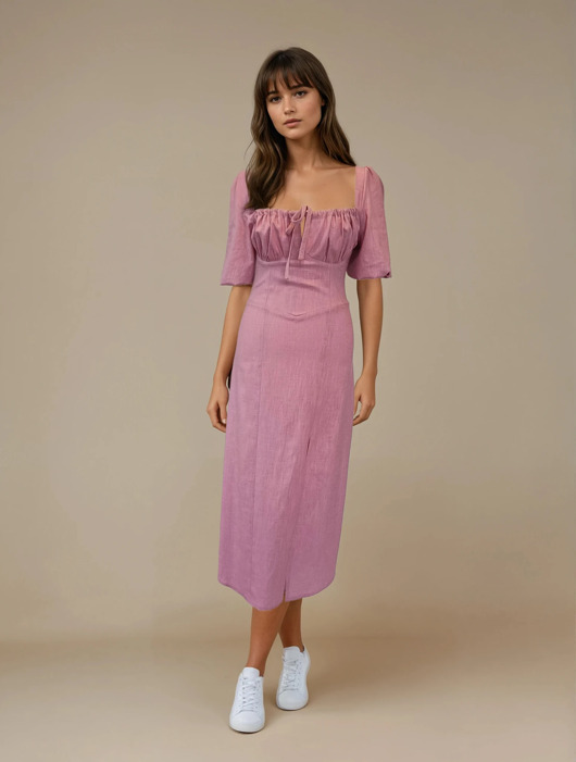 sukienki midi damskie Sukienka Loren - 100% naturalny len, herbaciany róż