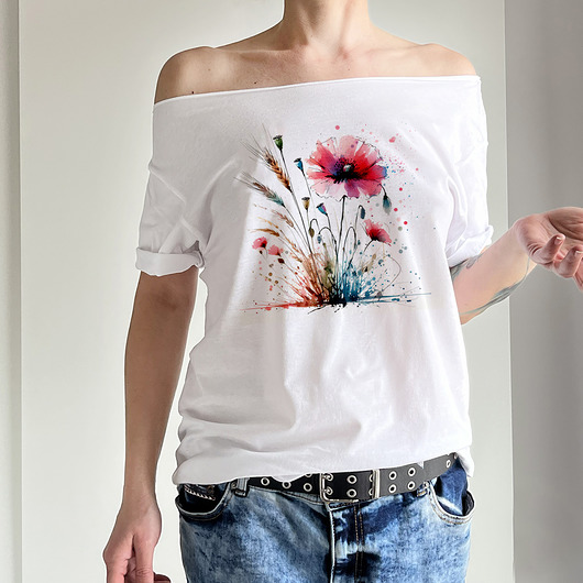 t-shirt damskie Maki kłosy Biały Oversize