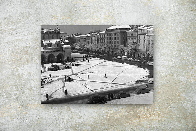 fotografia Plakat Vintage Prostokąt - Rynek Główny w Krakowie Zimą