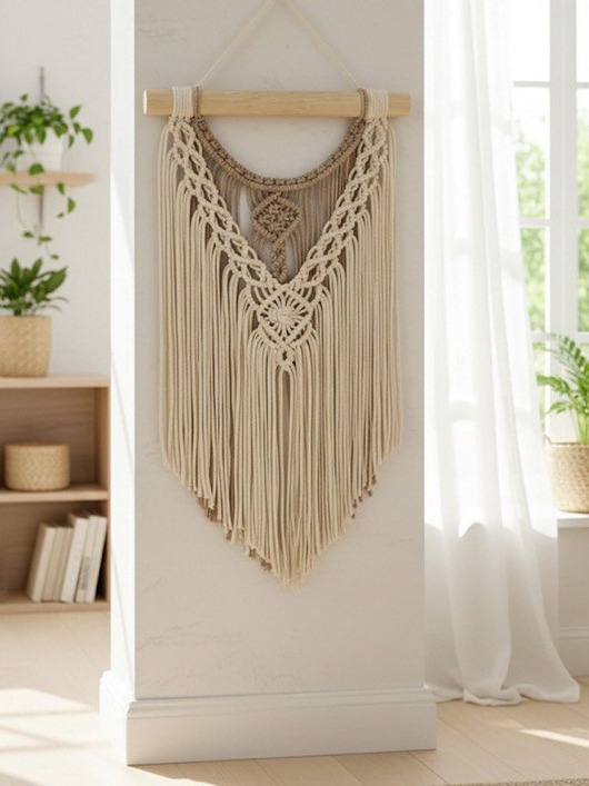 makramy Makrama Boho w kolorach ziemi/ecru.