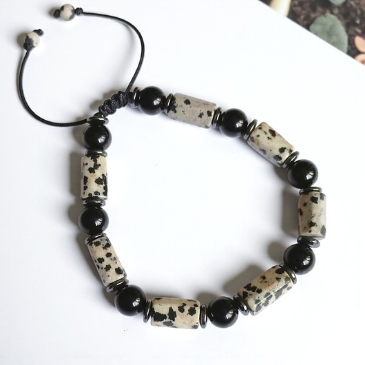 biżuteria męska S-L : jaspis dalmatyński, onyks - ochronna, antystresowa bransoletka