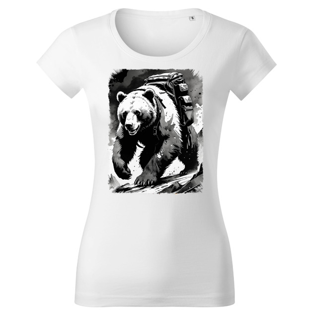 t-shirt damskie Tatra Art i niedźwiedź na górskim szlaku z plecakiem damska v2