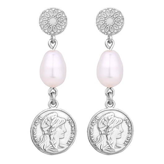 kolczyki srebrne Srebrne długie kolczyki z monetami i perłami SWAROVSKI CRYSTAL