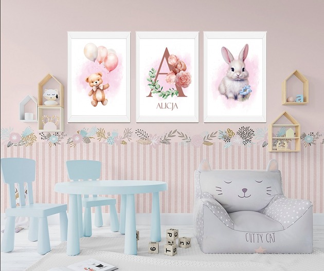 plakaty Plakaty Metryczka, Litera, Imię, Królik, Plakaty Na Ścianę Dla Dzieci 3 szt