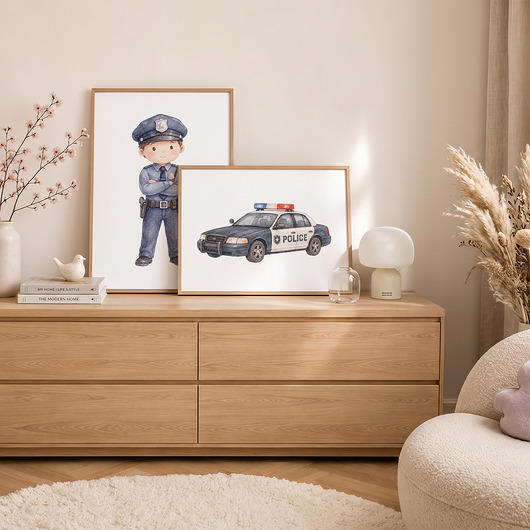 obrazy i plakaty do pokoju dziecięcego POLICJANT I RADIOWÓZ - 2 x plakat dla dzieci