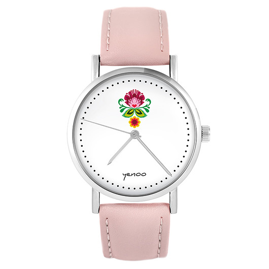 zegarki damskie Zegarek - Folkowy kwiat - skóra, pudrowy róż