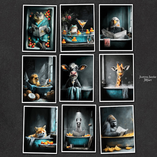 grafiki i ilustracje Zwierzęta w kąpieli - zestaw 9 grafik